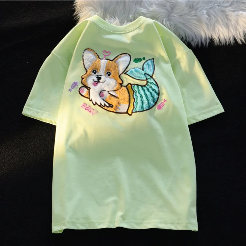 Cartoon Flocking Cute Corgi Dog Embroidered Short Sleeve T-shirt Women Summer Kawaii Casual Tshirt Plush Pattern Tee Shirts