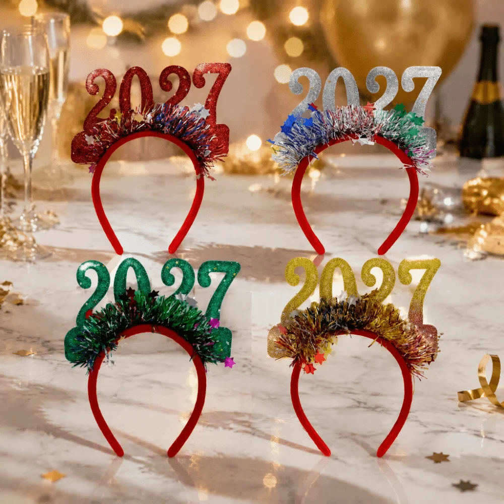 Adjustable Size 2027 Christmas Headband Glitter Sequined Light-Up Function New Year Headpiece Flexible Design Plastic Frame