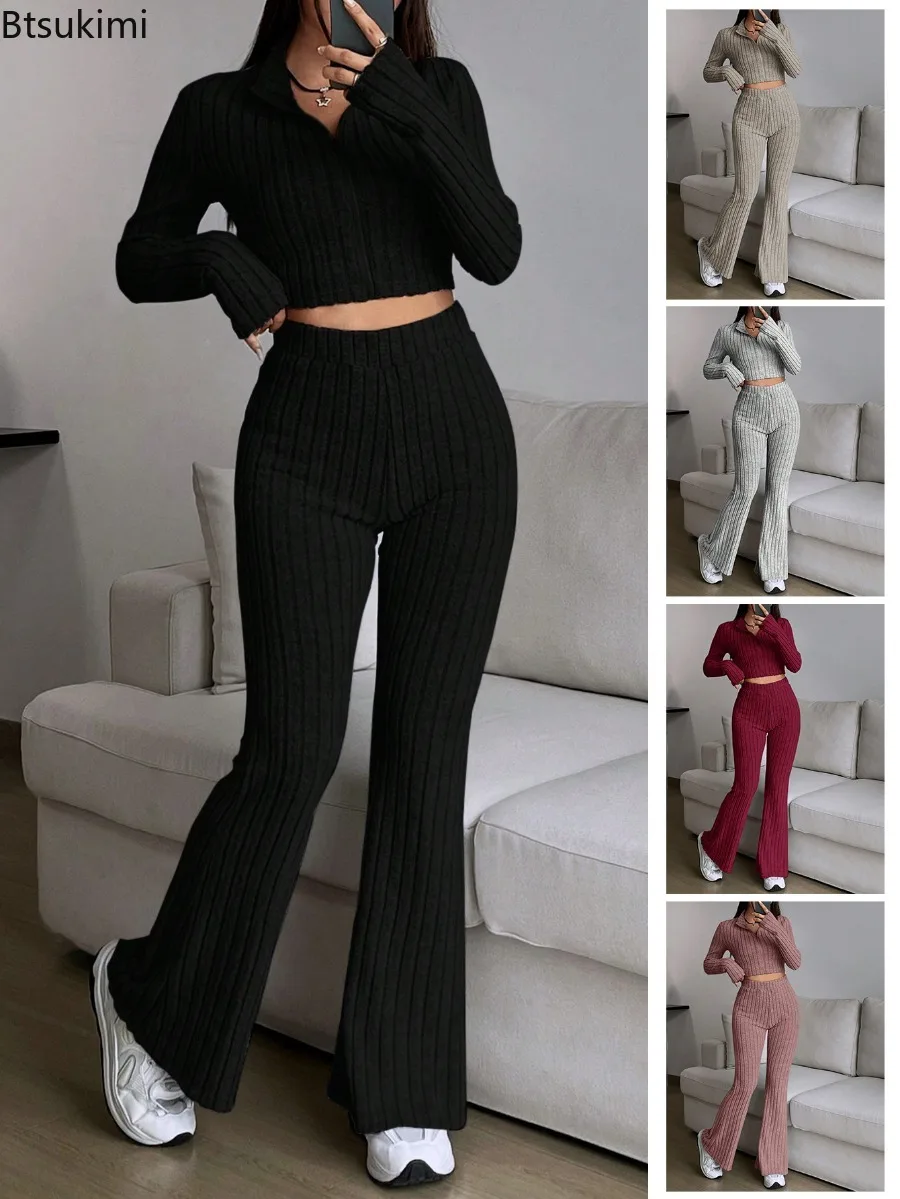 Women Fashionable Solid Color Ribbed Knitted 2-Piece Set Zipper Long Sleeve Cropped Top and High-Waisted Bell-Bottom Pants Suit