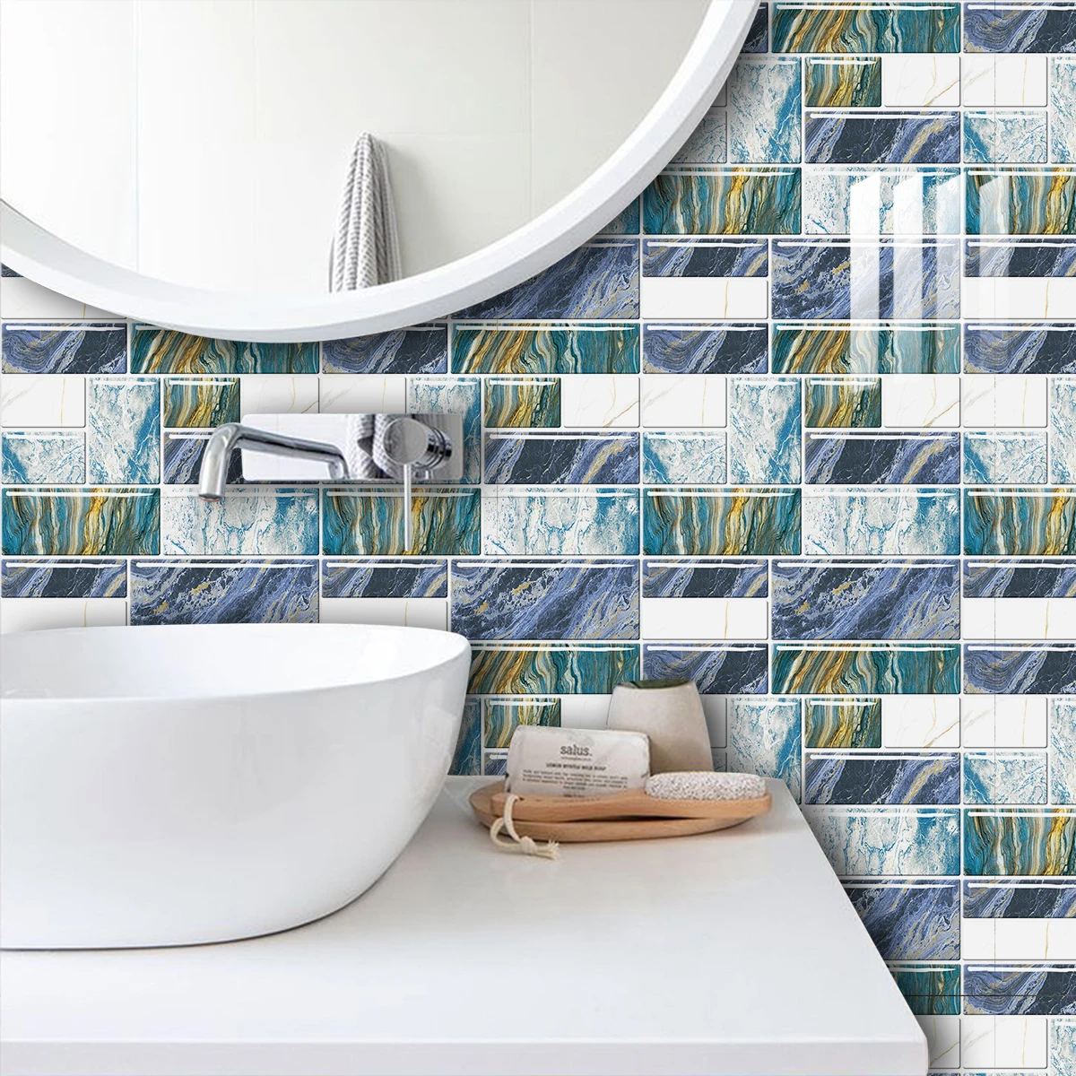 Thick Foam Marble Pattern Tile Sticker for Kitchen Backsplash, Oil-proof, Peel & Stick, Wall Art Wallpaper, White, 2Pcs Set