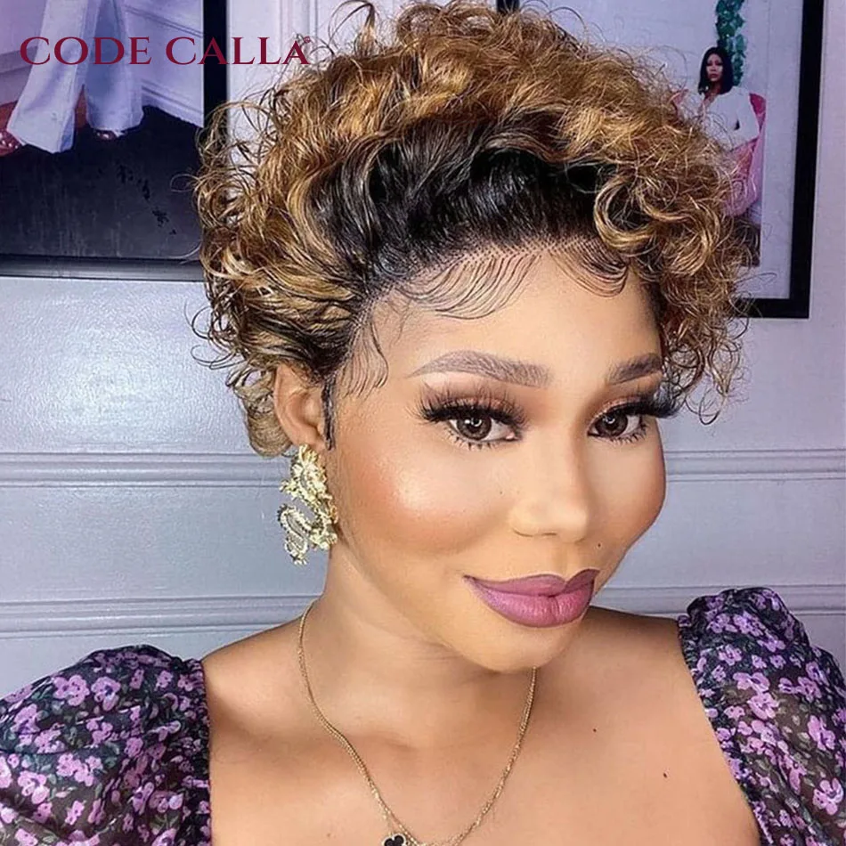 Pixie Cut Wig Honey Blond Water Deep Wave Lace Wig Afro Curly Short Bob Human Hair Wigs Natural Color Lace Front Wig For Women