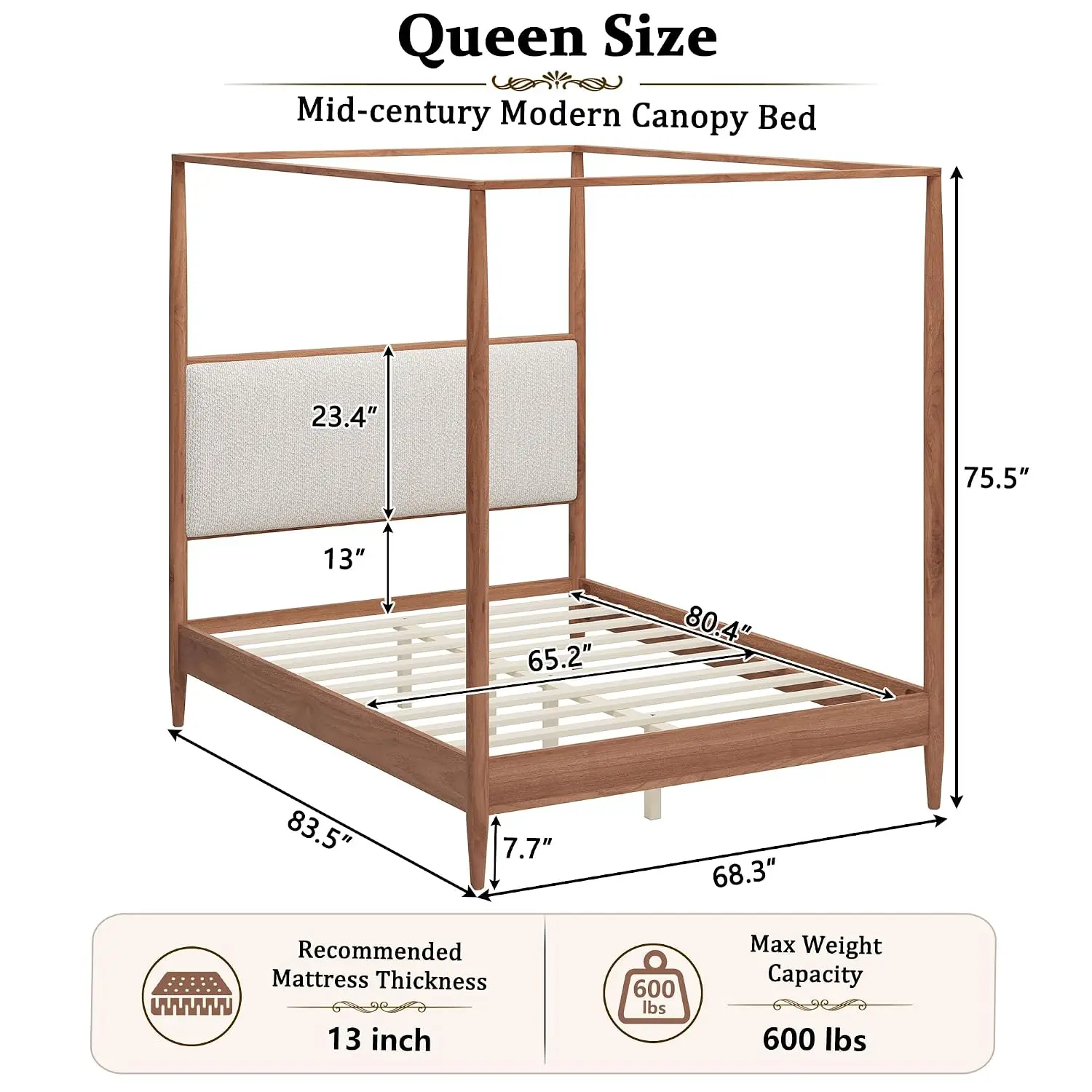 Queen Size Wooden Canopy Bed with Boucle Upholstered Headboard, Mid-Century Modern 4-Poster Platform Bed Frame with, Customized