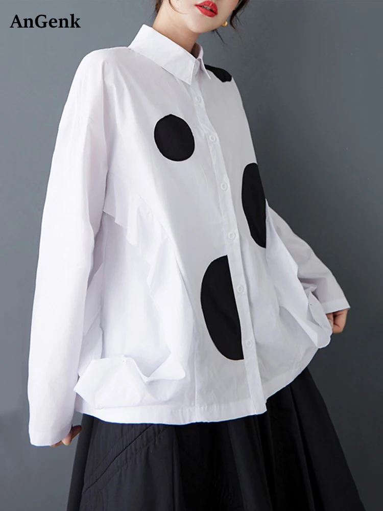 

Белая винтажная рубашка большого размера в горошек, женская новая свободная повседневная блузка с лацканами и длинными рукавами, верхняя модная одежда, весна-осень 2025