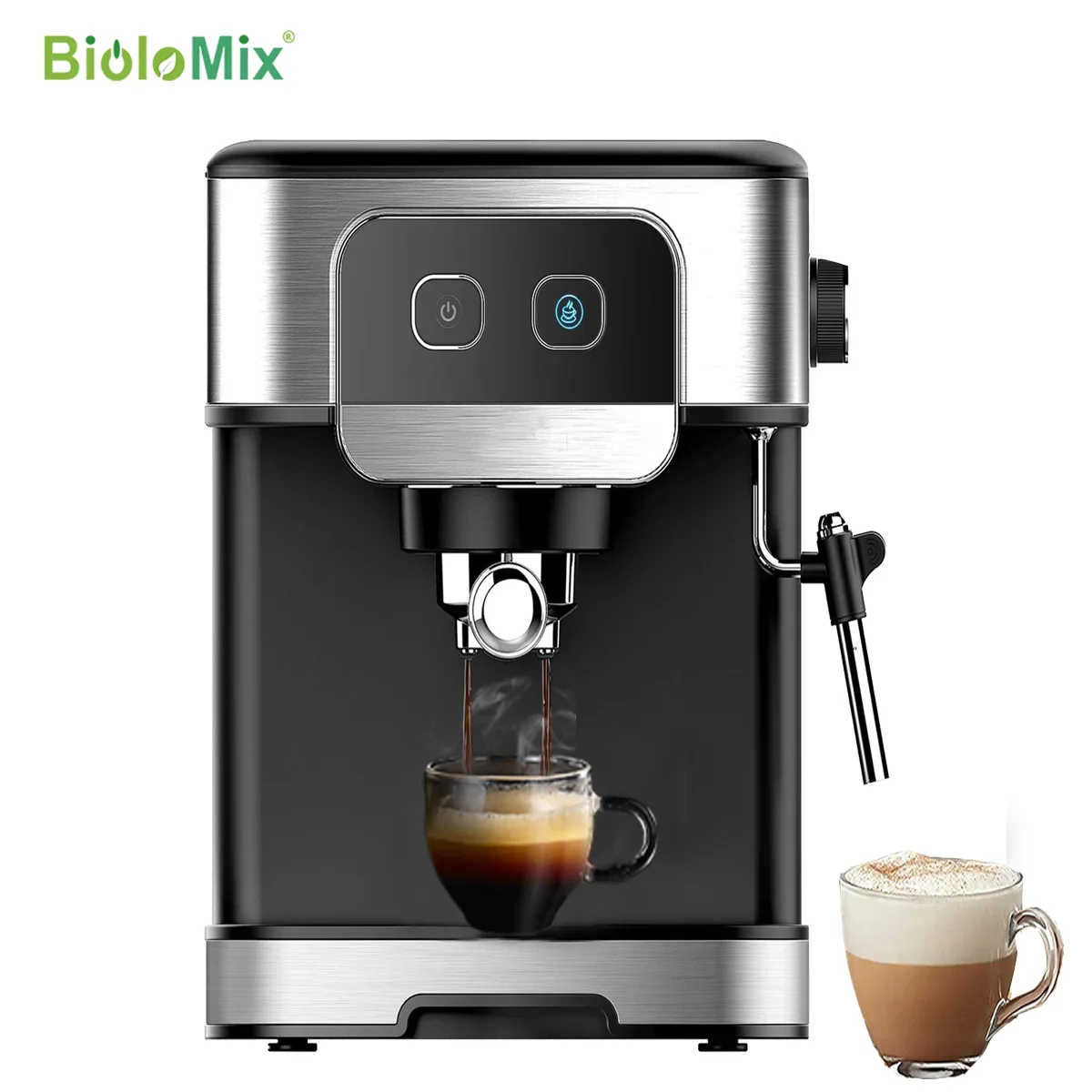 BioloMix NEW ARRIVAL 2 in 1 Espresso Coffee Machine with Milk Frother 20 Bar pressure pump Professional Cappuccino and Latte