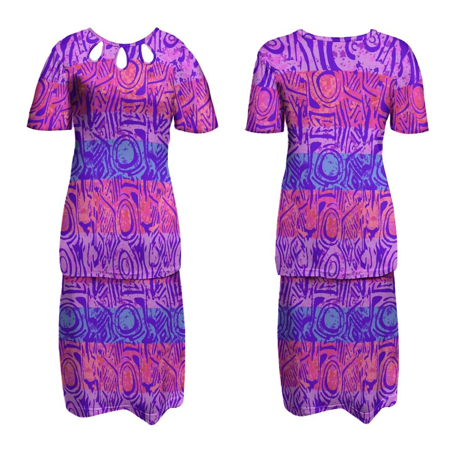 Best Price Wholesale Customized Pacific Island Art Design Lady Round Neck Dress Polyensian Puletasi Half Sleeve Dresses 2pcs