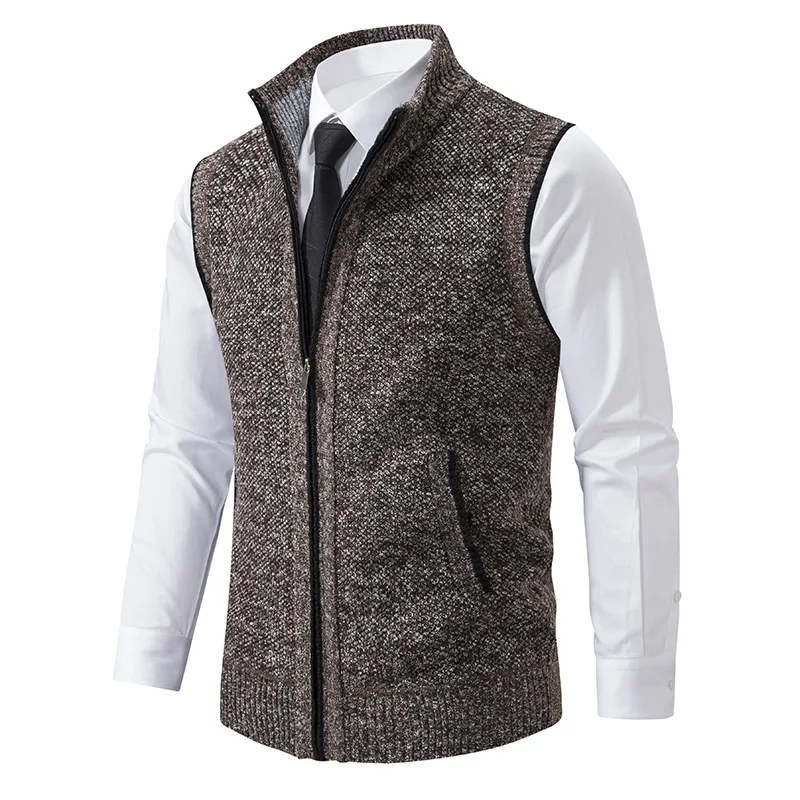Autumn Winter Men's Solid Color Sweater Vest Casual Stand Collar Sleeveless Cardigan Knitted Sweater Thickened Zipper Waistcoat