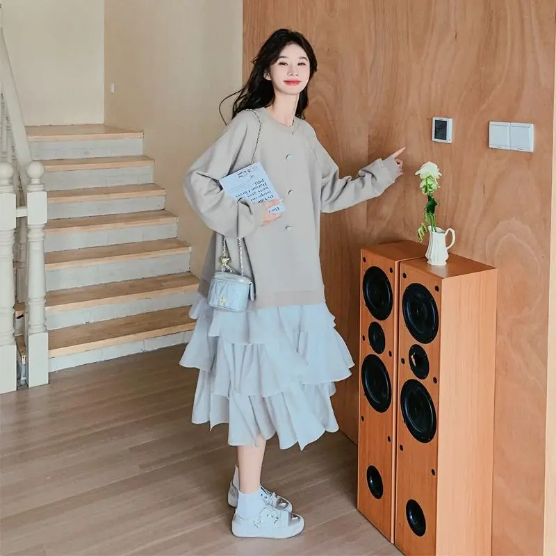 Fashion O-Neck Button Ruffles Fake Two Pieces Casual Dress Female Clothing 2024 Autumn Winter New Loose Young Style Midi Dress