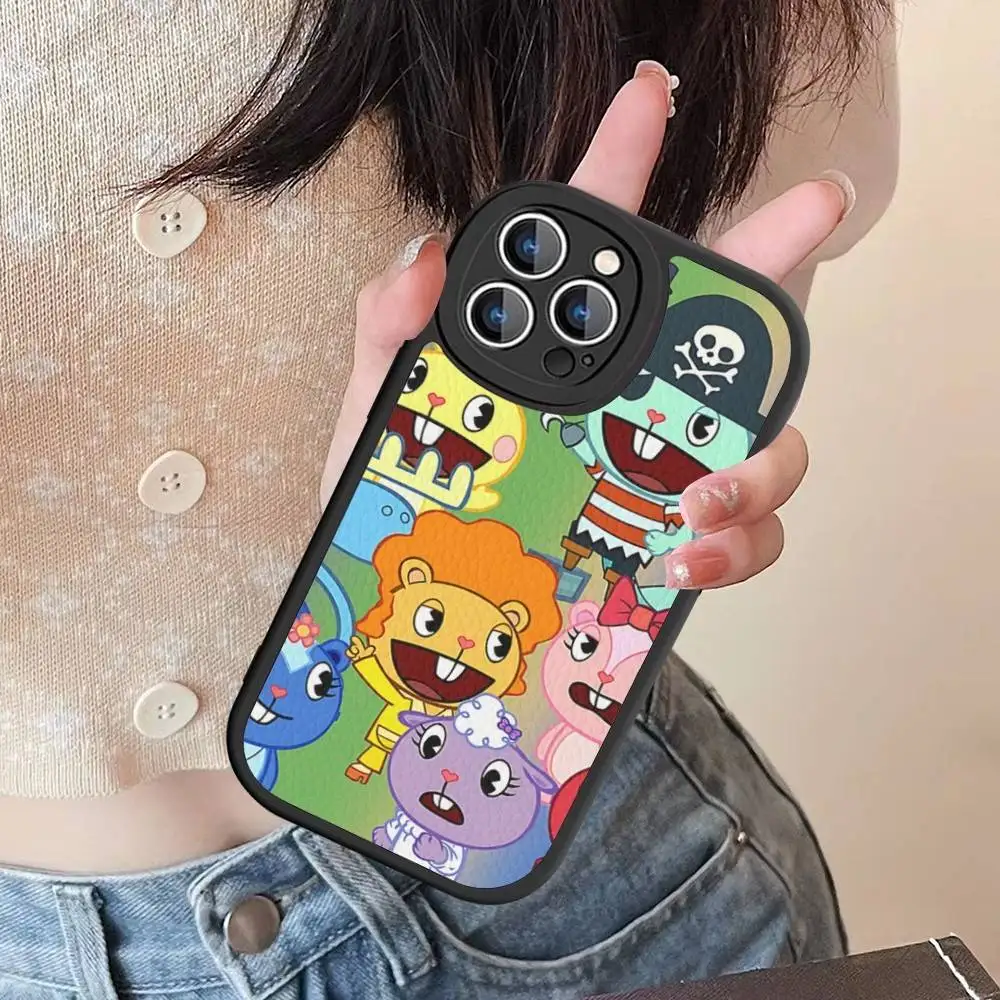 H-Happy Tree Friends Handyhülle für iPhone 16 15 14 13 12 11 Pro Max Plus Leder stoßfeste Abdeckung