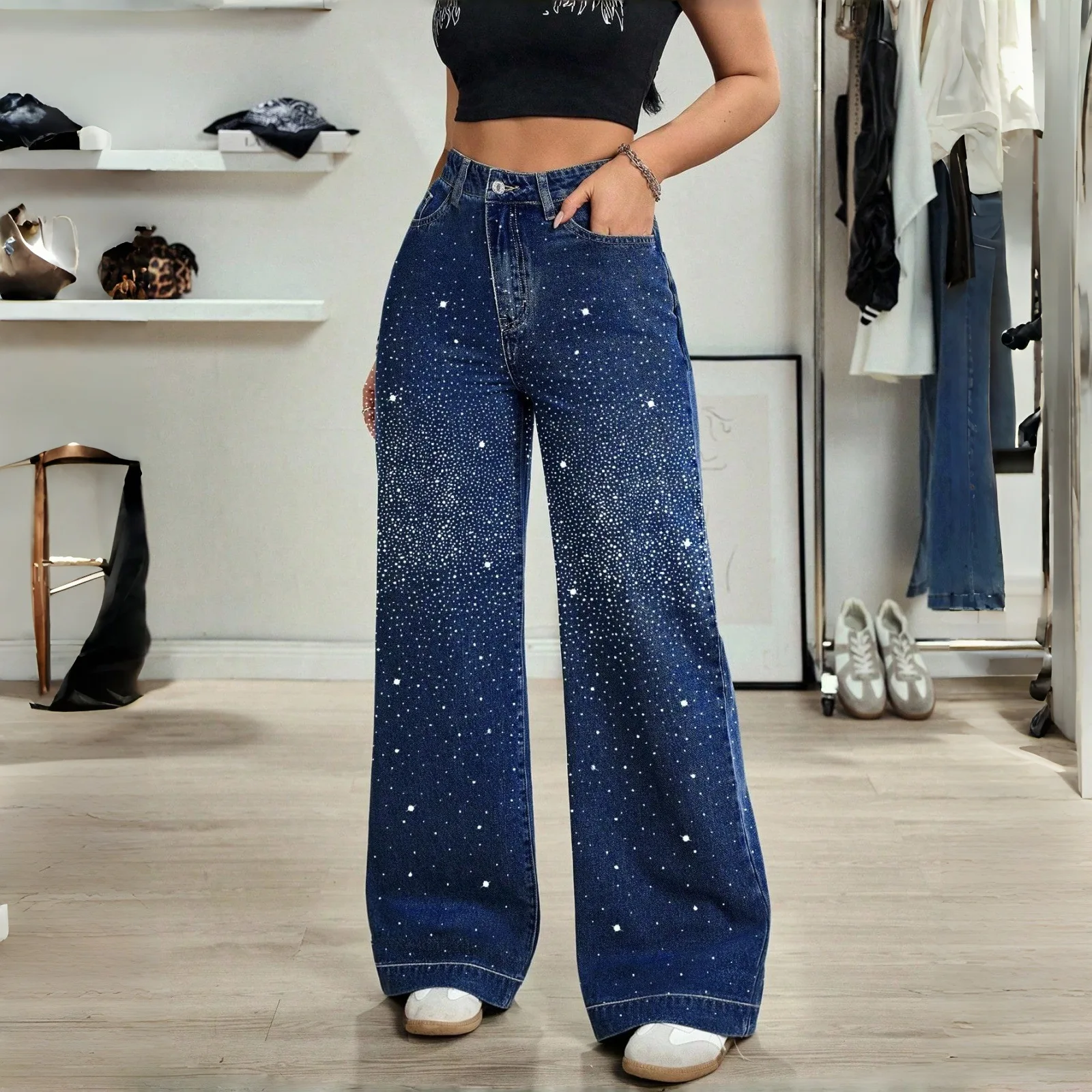 Ladies Heavy Industry Wide Leg Jeans Starry Sky Print Trendy Casual High Waist Straight Leg Trousers