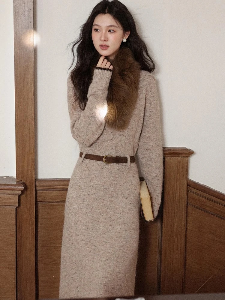 Alxnan plus size vestido 2025 botão com capuz fino-ajuste camadas de malha vestido de manga longa outono inverno roupas femininas d662170