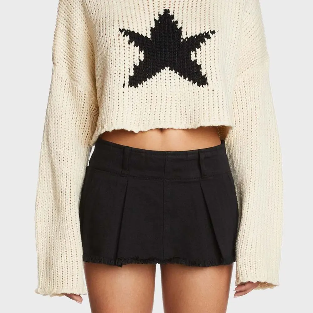 

Women's Elegant Knitted Shirt Top round Neck Five-Pointed Star Design Casual Navel-Exposed Style for Autumn Winter