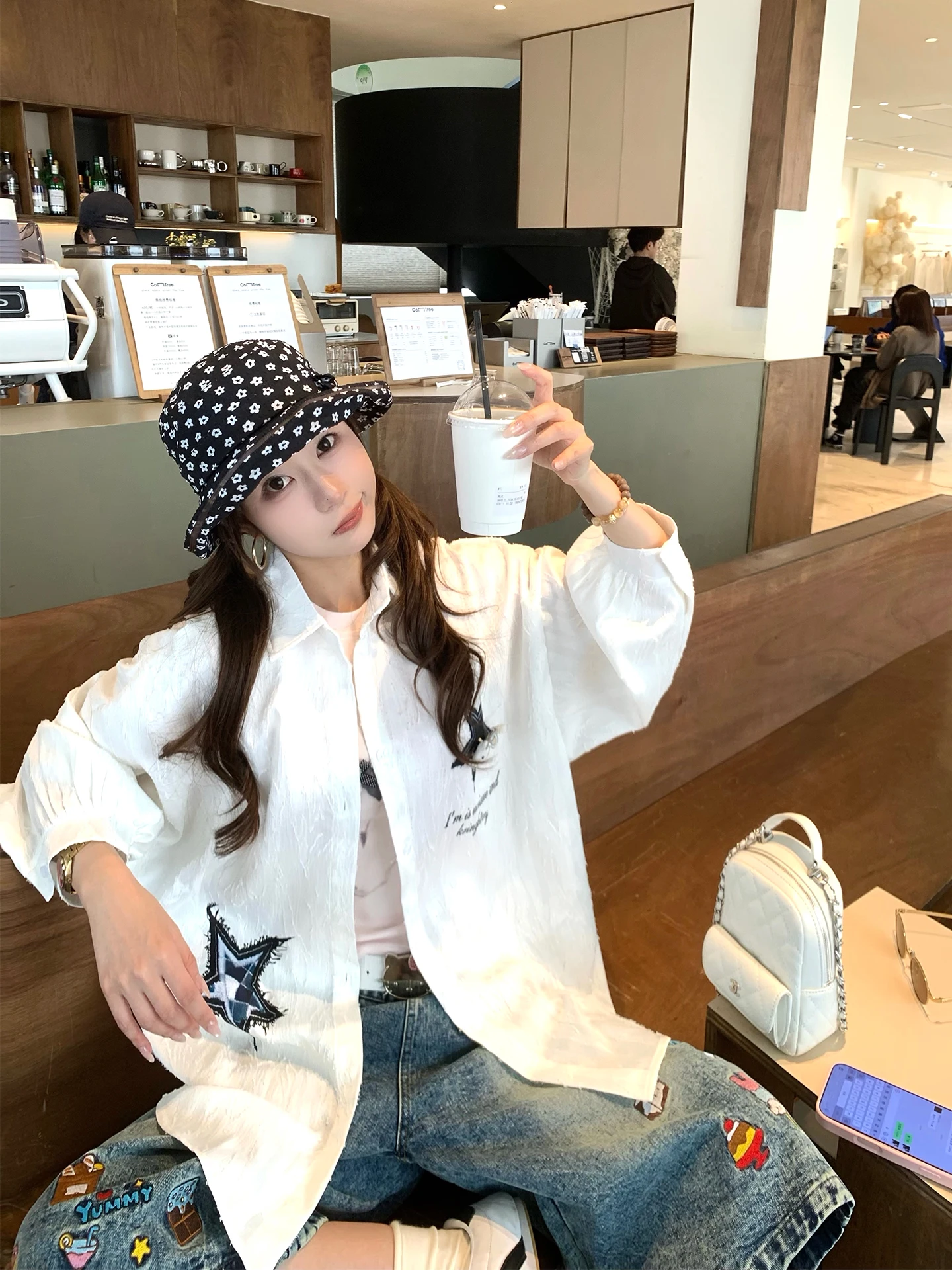 

Xueke White Star Shirt Women's Casual Korean Style Sun Protection Top Breathable Comfortable Long Sleeve Spring Summer