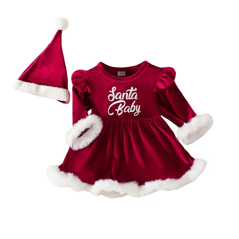 BeQeuewll Infant Girl Christmas Santa Costume Outfit For Winter Contrast Color Long Sleeve Round Neck A-Line Dress Romper + Hat image 2