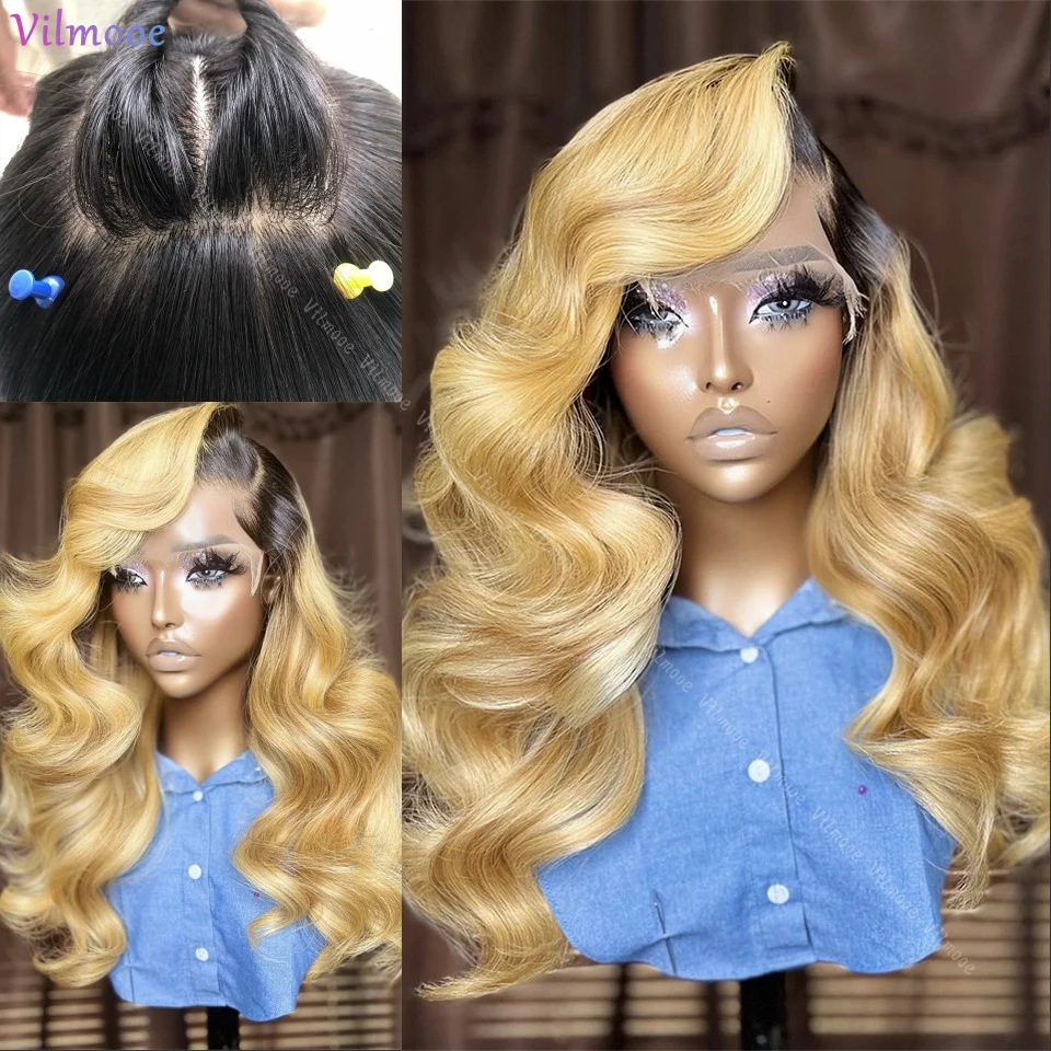 Body Wave Silk Base Lace Front Human Hair Wigs Peruvian Highlight Ombre Honey Silk Top Closure Wig With PrePlucked Natural Hairl