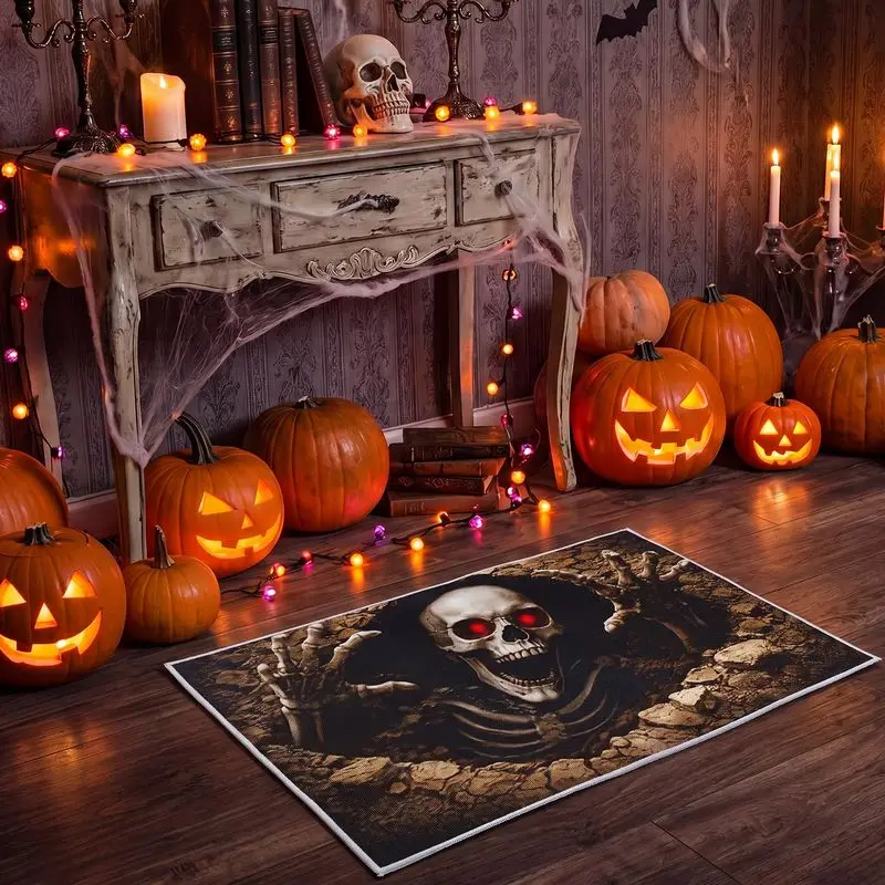 VIKAMA Halloween 3D Visual Horror Gothic Carpet Anti slip Home Mat Thrilling Skeleton Entrance Mat Party Home Decoration