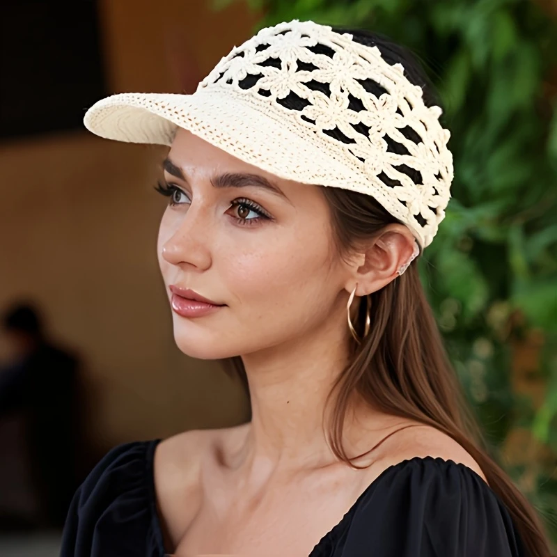 Women's Handmade Openwork Empty-top Sun Visor Cap Cool Spring Summer Crochet Flower Hat Beach Travel Wide Brim Peaked Caps