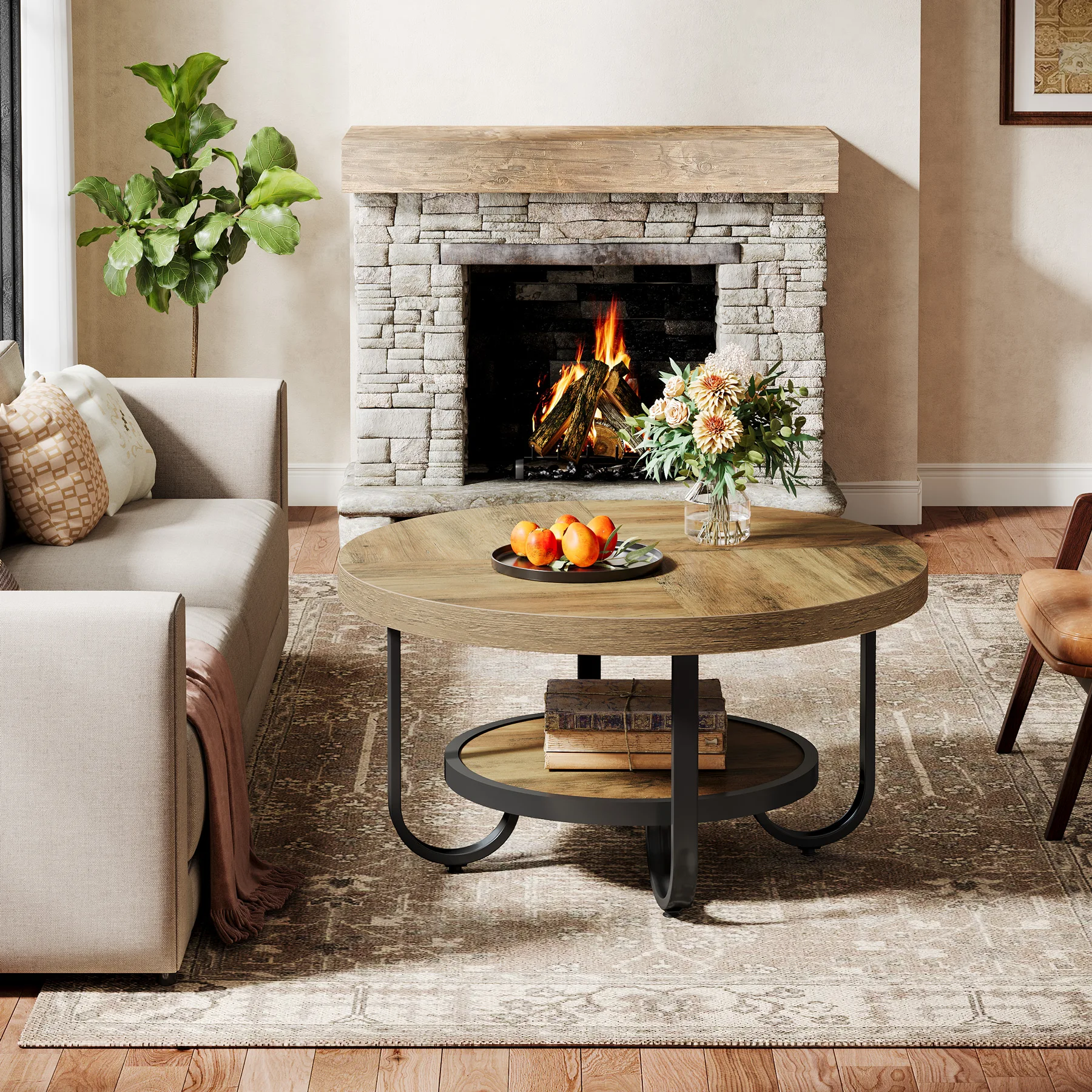 Tribesigns 2-Tier Round Coffee Table with Storage Shelf for Living Room, 31.1-Inch Center Cocktail Table with Sturdy Curved Meta