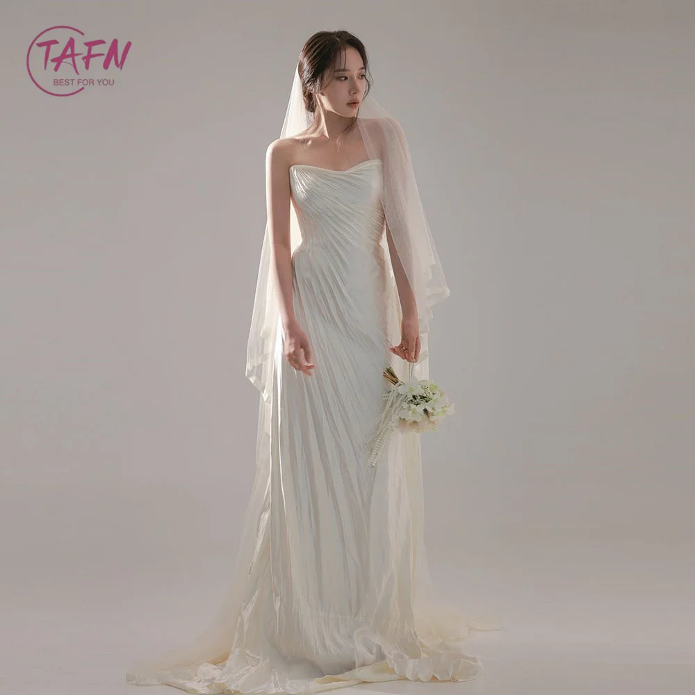 TAFN Korea Simple Elegant Wedding Reception Dresses Photo Shoot A-line Strapless Bridal Gown Sleeveless Evening Dresses