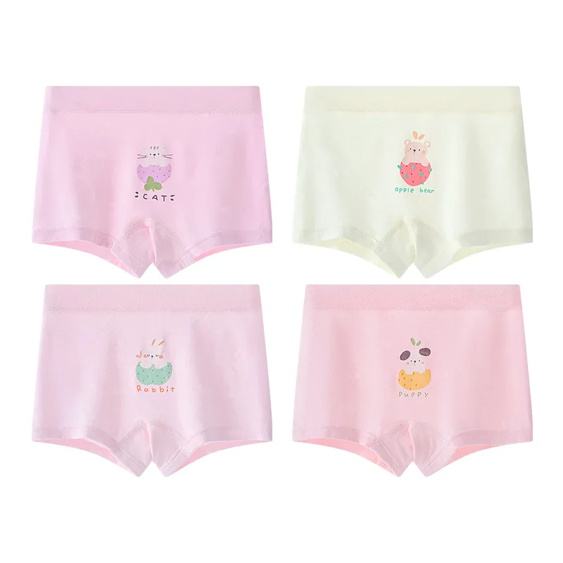 4pcs Girls Underwear Set Solid Color Children's Briefs Soft Cartoon Print for Ages 2-10 Student Adolescent Fashion Kids' Panties
