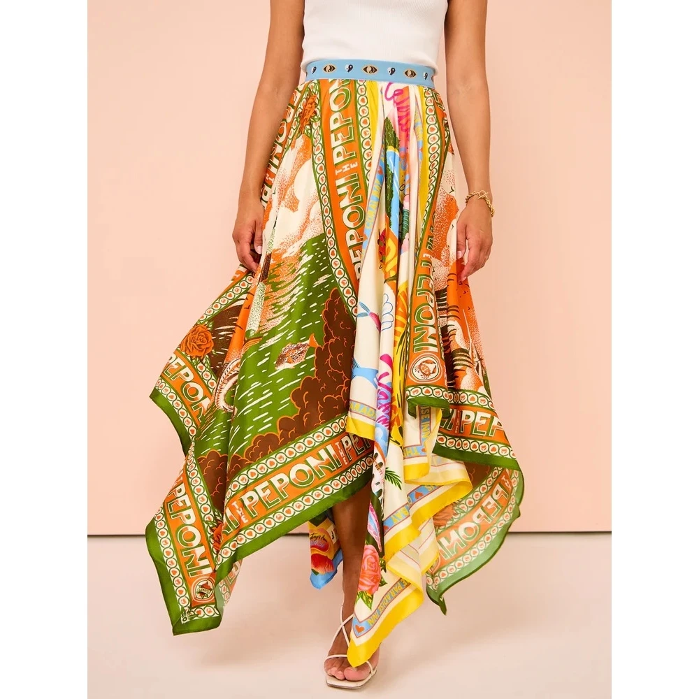 

2024 New Fashion Casual Versatile Asymmetrical Print Skirt Women's Elegant Style Polyester Fabric Autumn Season