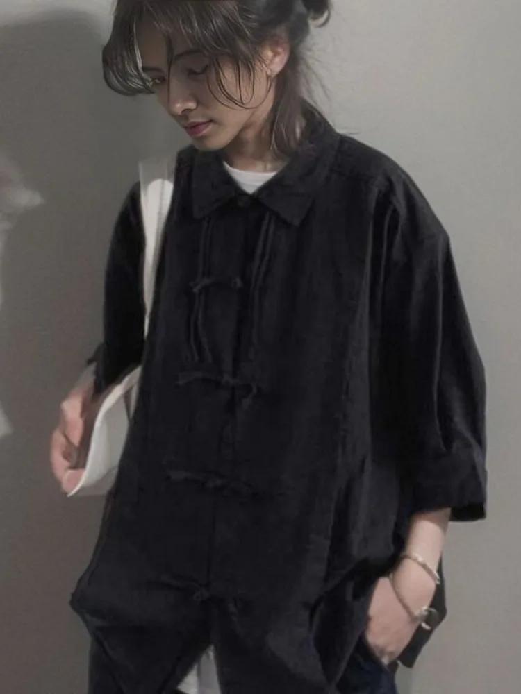 Summer Neo Chinese Style Women Solid Blouse Y2k Aesthetic Oversized Grunge Shirts Womens Single Breasted Harajuku Simple Blusas