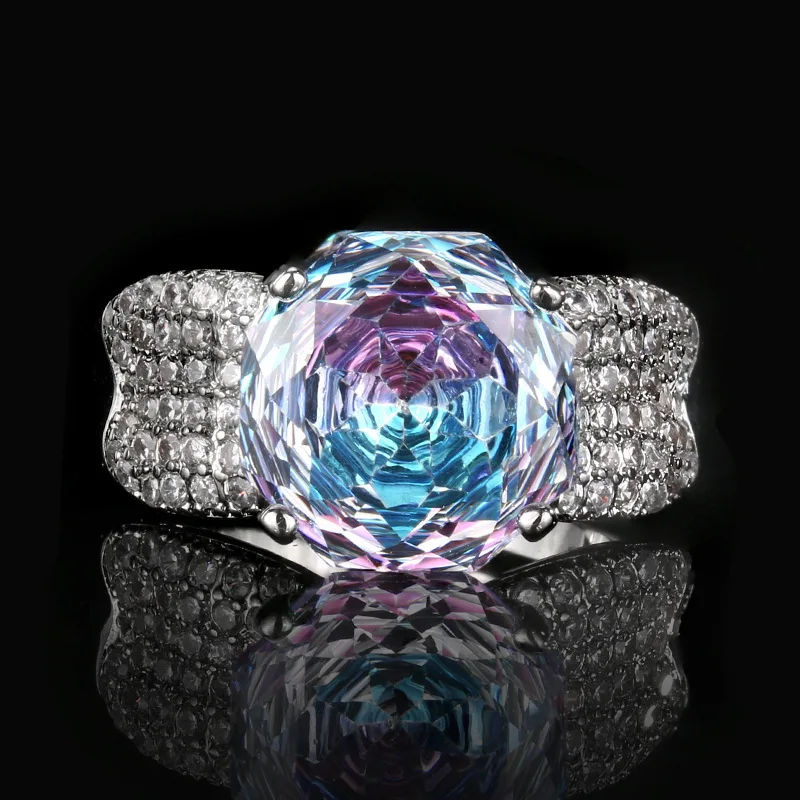 New jewelry with copper base, gold-plated, rose cut gradient color, elegant ring with 12mm main stone, wholesale