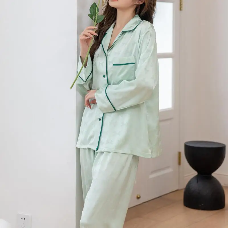 

Lapel Sleepwear Print Bow Pajamas Sets Women Outfits Satin Long Sleeve Home Clothes Casual Shirt&Trousers Suit Lounge Wear