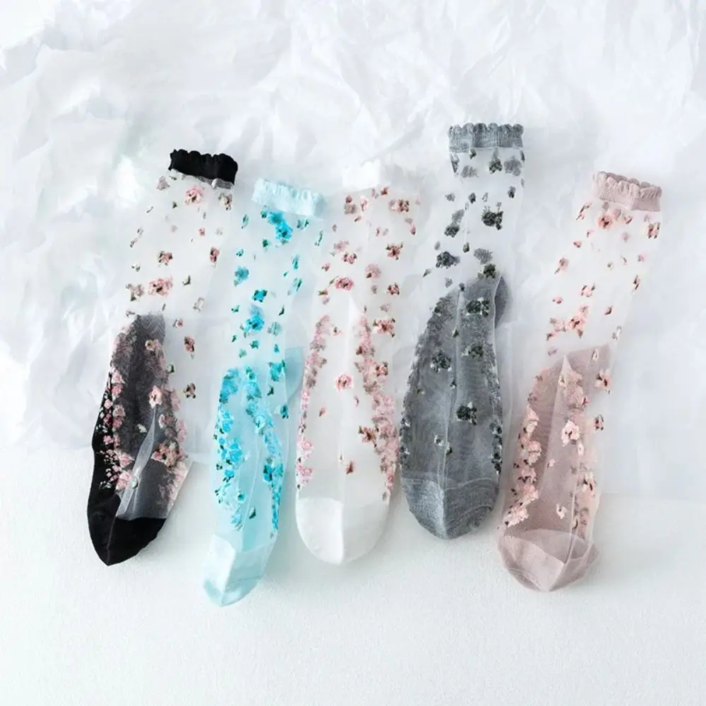 New Breathable Crystal Glass Silk Socks Silk Lace Lastic Socks Transparent Jacquard Short Socks