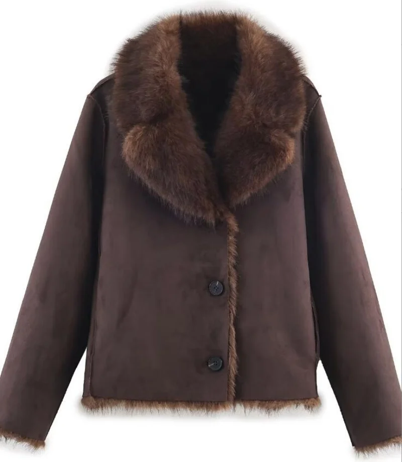 

Autumn New Women's Casual Lapel Long Sleeve Fashion Button-Down Reversible Faux Fur Effect Jacket