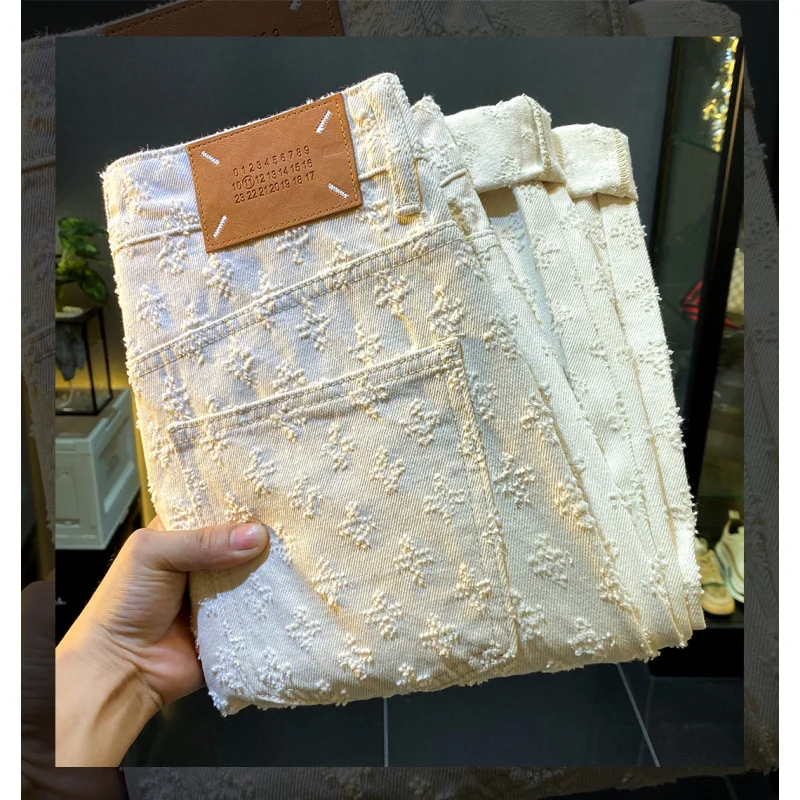 2024 NEW American High Street White Jeans Men's Street Tide Brand Pu Handsome High-Grade Loose Straight Y2K Long Pants