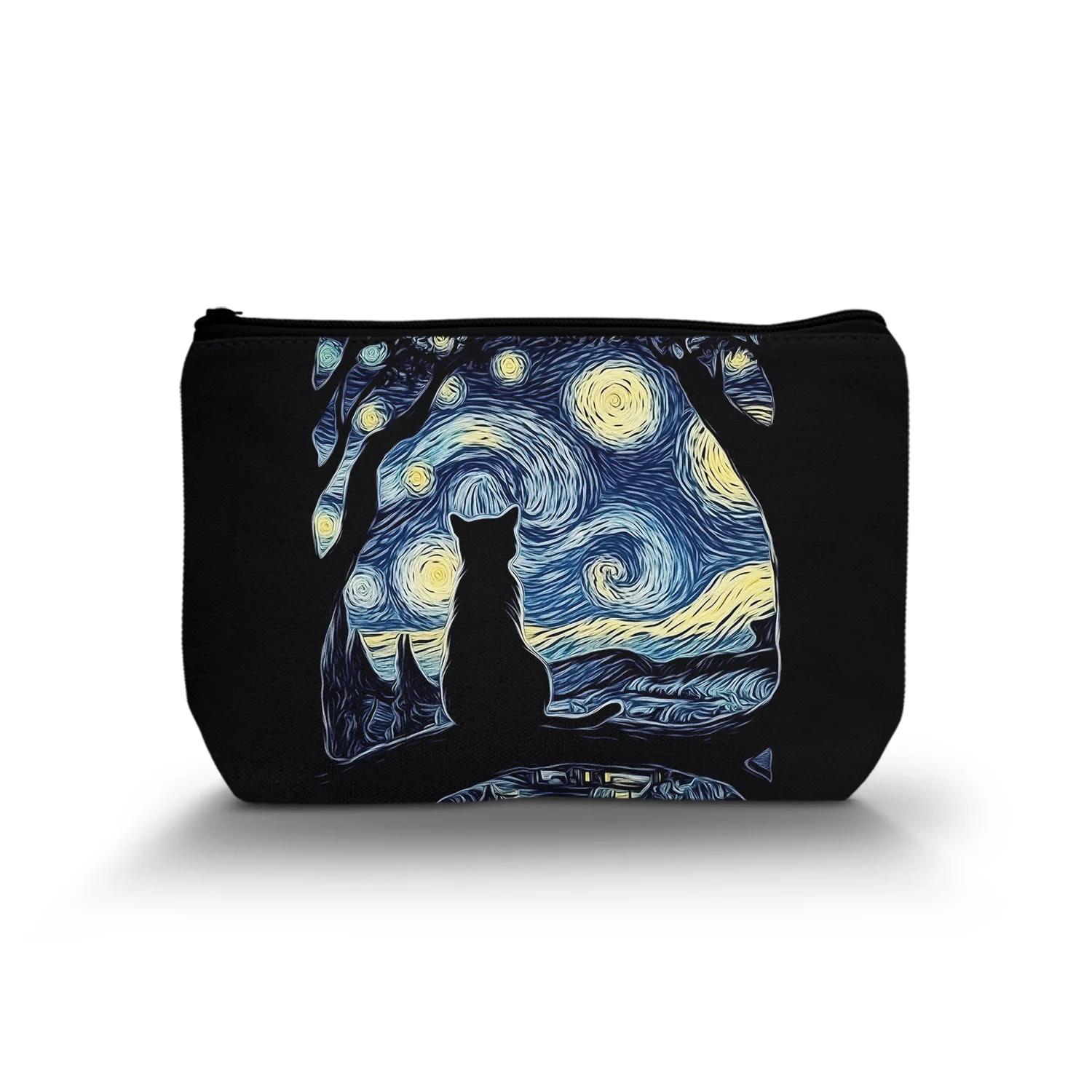 1Pc Van Gogh Starry Night Design Cosmetic Bag With Black Cat Makeup Pouch With Zipper Multi-Functional Travel Organizer A