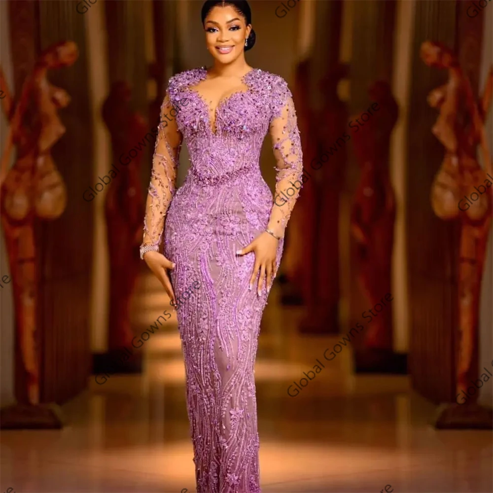 Purple Bead Aso Ebi Evening Dresses Appliques Full Sleeve Birthday Dress Women 2024 Special Occasion Gown Customized