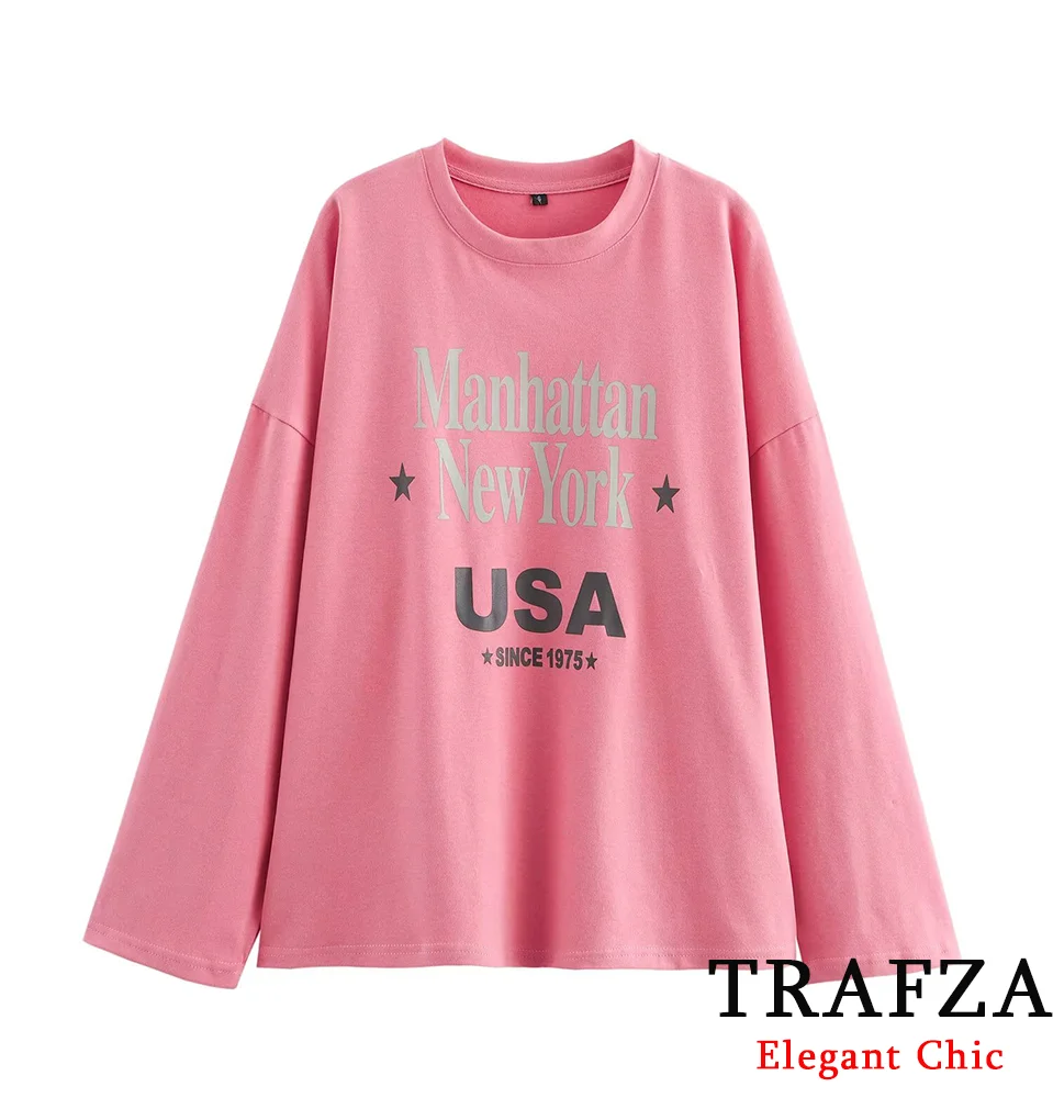 

TRAFZA Women Loose Vitality Printed Top Washed Cute Top New 2025 Spring/Summer Fashion Casual Vacation Homeswear Romantic Top