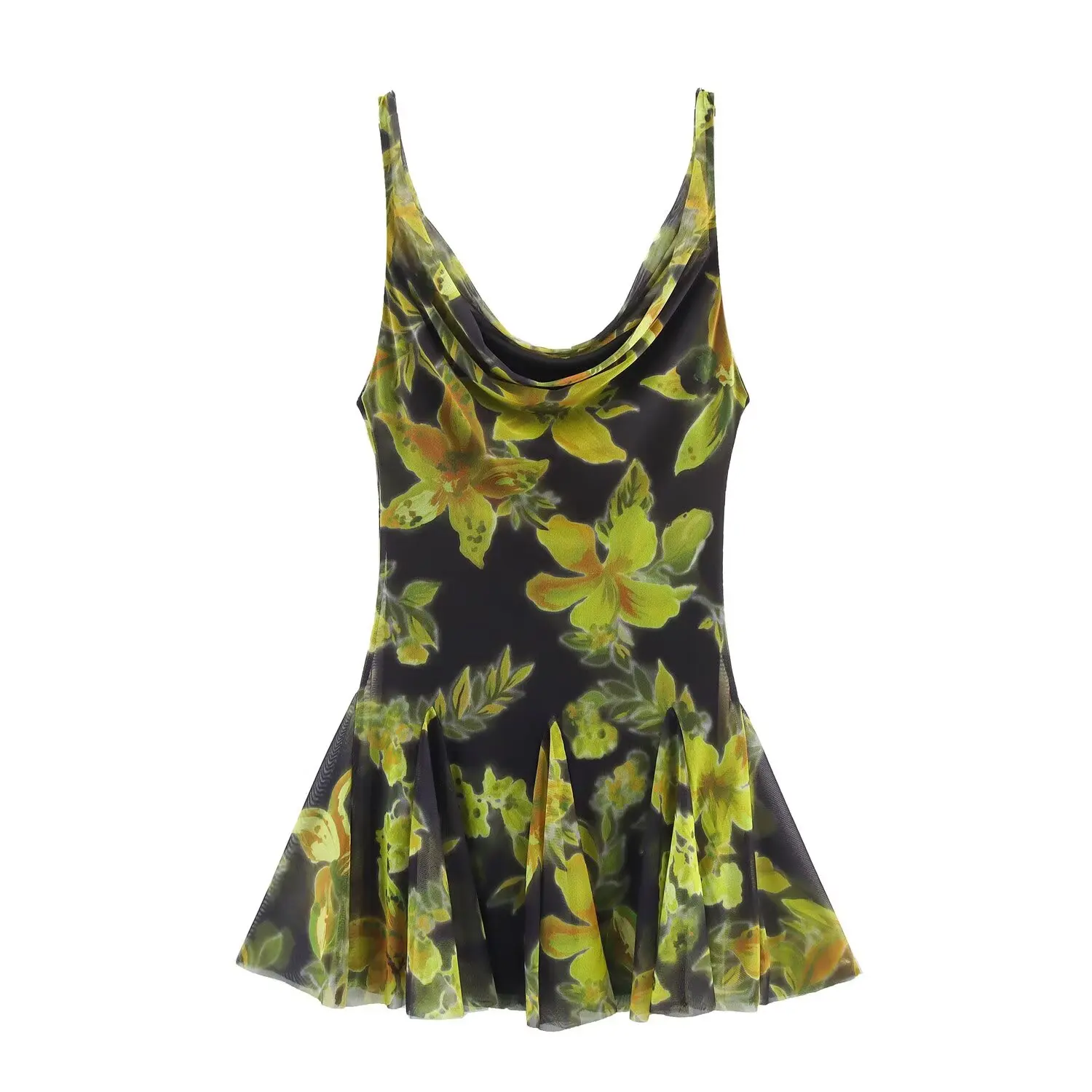 

Women's 2025 new Fashion pleated collar slim tulle printed mini dress retro sleeveless backless women's dress