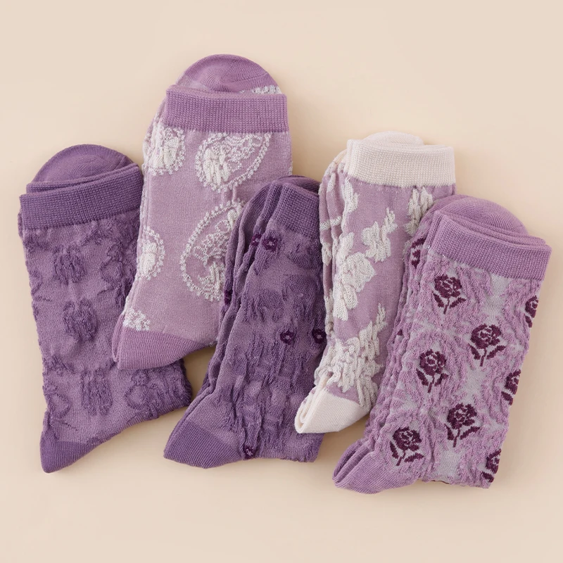 5 Pairs Four Seasons Women's Purple Floral 3D Relief Flower Print Pattern Versatile Soft And Comfortable Casual Long Socks