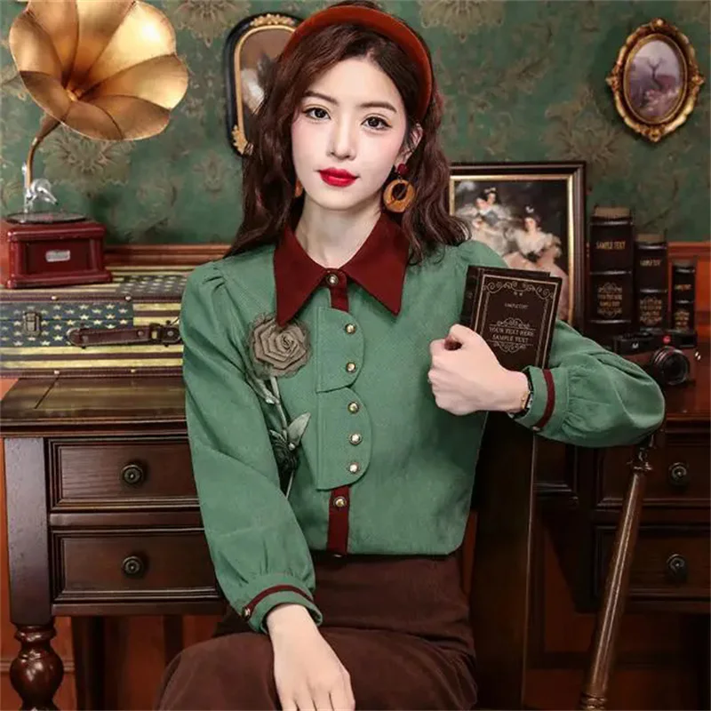 New Chinese Shirt Women In Spring 2024, Retro Hong Kong Style Embroidered Top, High-end Sense, Color Blocked Shirt For Outerwear