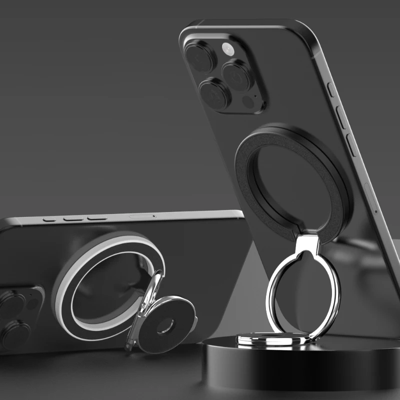 Double-Side Magnetic Phone Ring Holder for MagSafe Folding Kickstand Black Metal Magnet Stand for iPhone 16 15 14 Xiaomi Samsung image 5