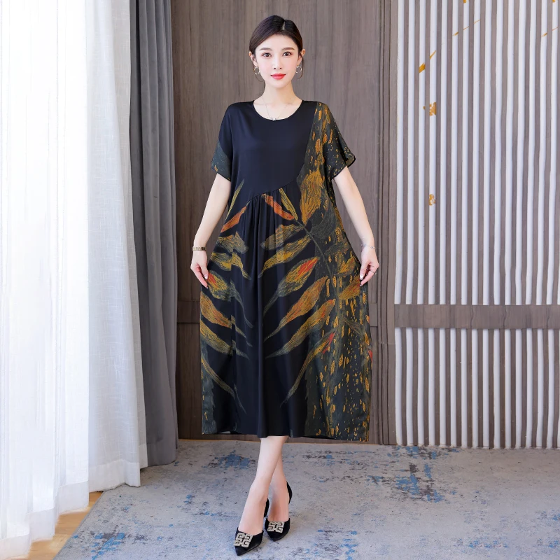

Women Floral Mulberry Silk O-Neck Midi Dress Summer Short Sleeve Elegant Dress Korean Vintage Party Dress