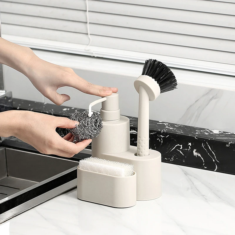 

Modern Dish Soap Dispenser Container With Sponge Holder And Brush 3 In 1 Set For Kitchen Sink Bathroom Countertop