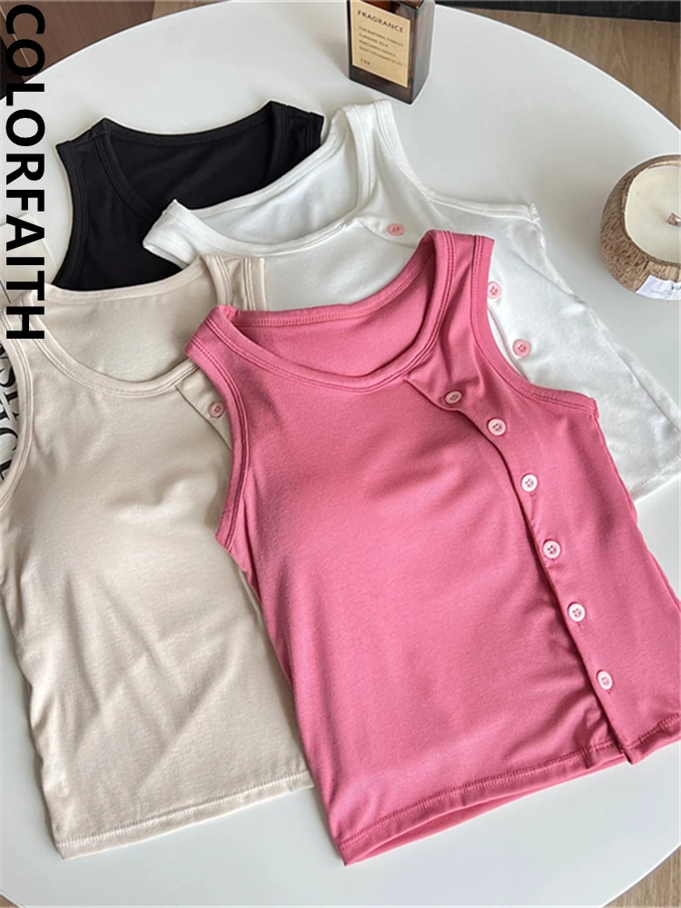 Colorfaith V9514ZS 2024 Pink Irregular Bottoming Bra Padding Elasticity Vests Women Spring Summer Tank & Camis Crop Short Tops