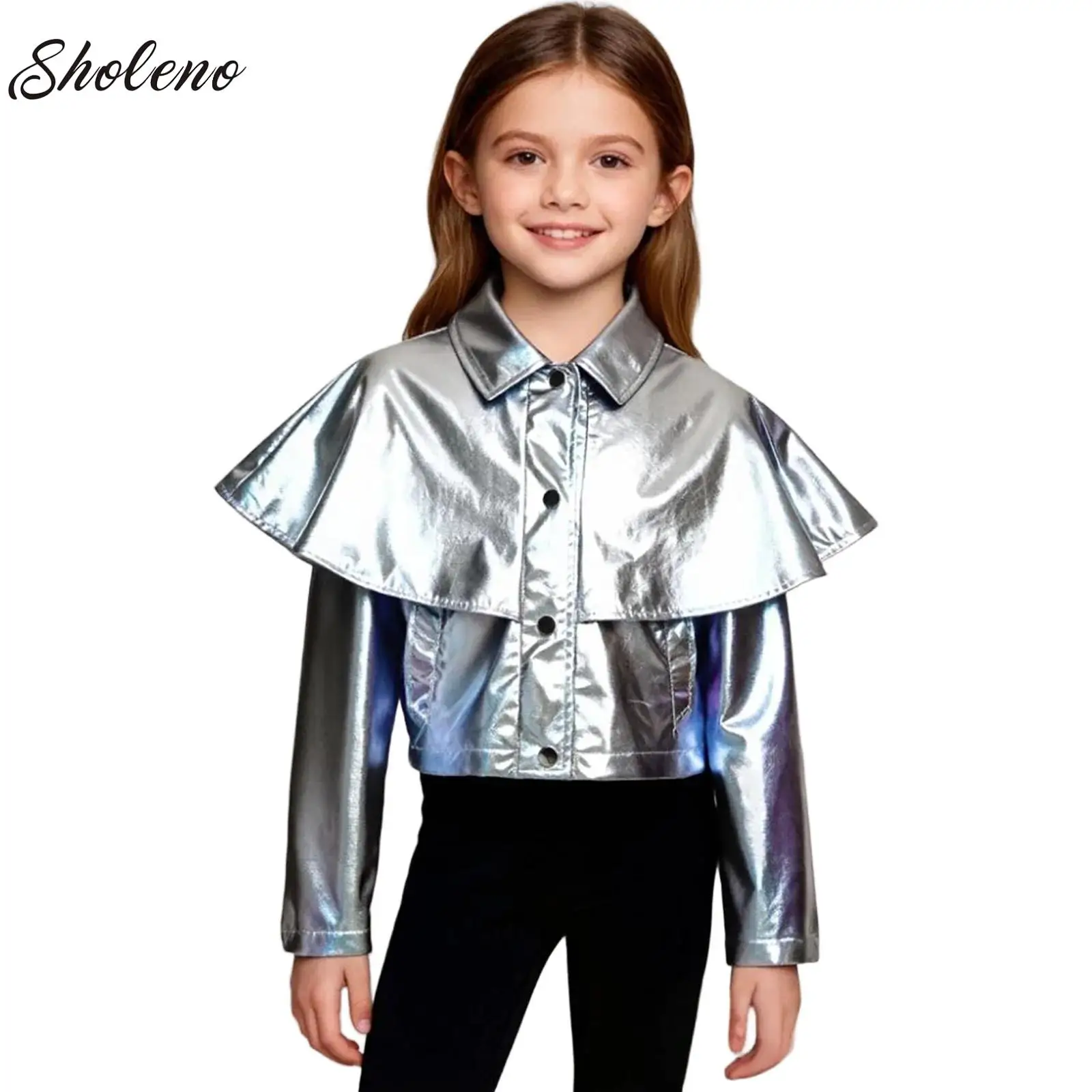 

Girls Shiny Alien Robot Astronaut Costume Metallic Hip-pop Jazz Dance Jacket Coat Modern Performance Carnival Party Dancewear