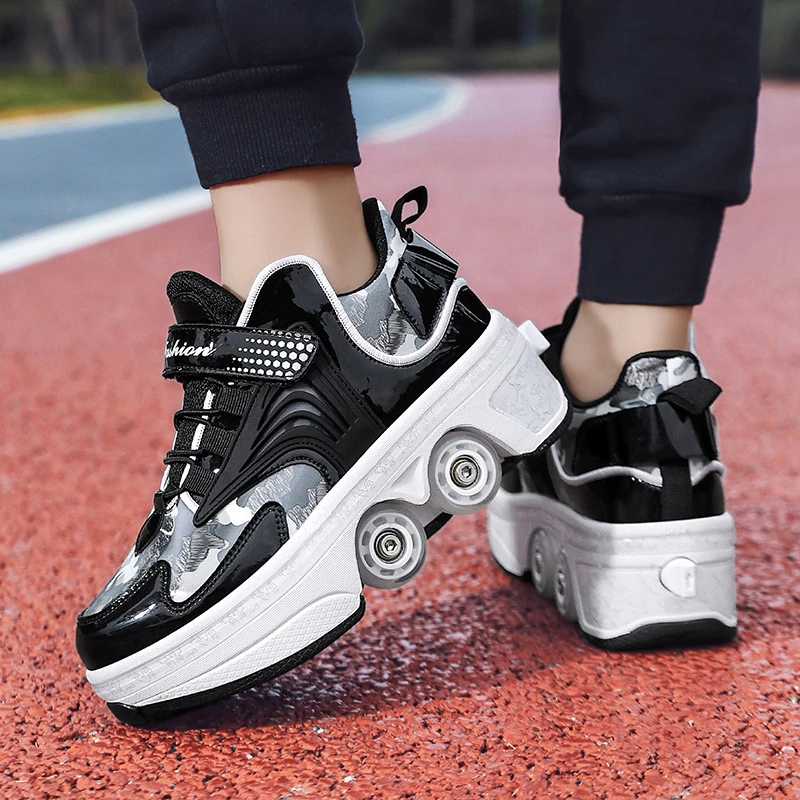 Parkour Shoes 4 Wheels Deformation Roller Skating Shoes Kids Adults Unisex Sneakers Street Urban Fitness FSK Quad Skating Shoes