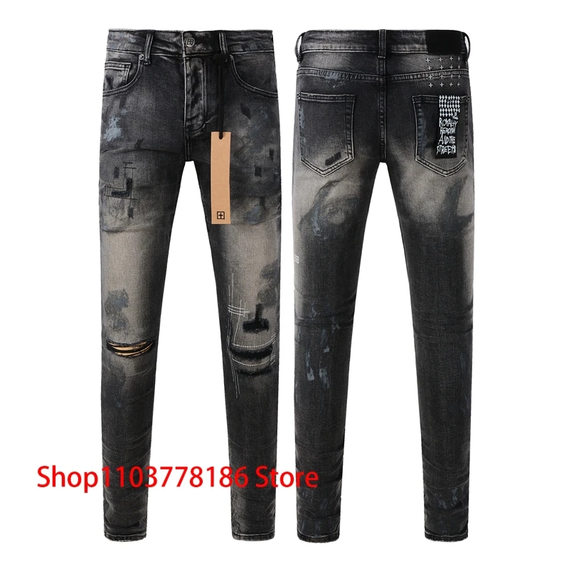 25SS New KSUBI Cross Jeans Splashing Ink Graffiti Hip Hop Tide Retro Wash Hole Low Rise Elastic Skinny Frayed Denim Pants