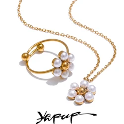 Yhpup Fashion Imitation Pearls Flower Pendant Necklace Ring for Women Chic Stainless Steel Daily Wear Jewelry Wholesale Women