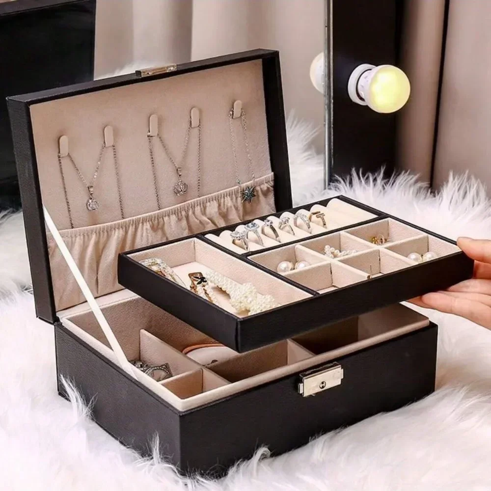 Lbarley Double-layer Large Capacity Jewelry Box Earrings Necklace Ring Jewelry PU Leather Jewelry Storage Box