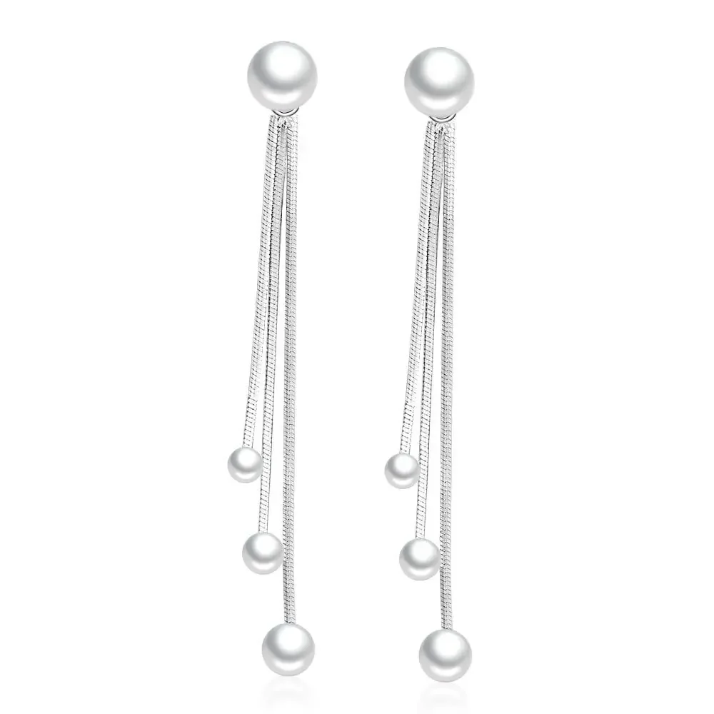 Simple Fashion S925 stamp Silver plated Pearl Long Tassel Earrings For Women Ear Chian Oorbellen Boucle D'oreille Pendientes