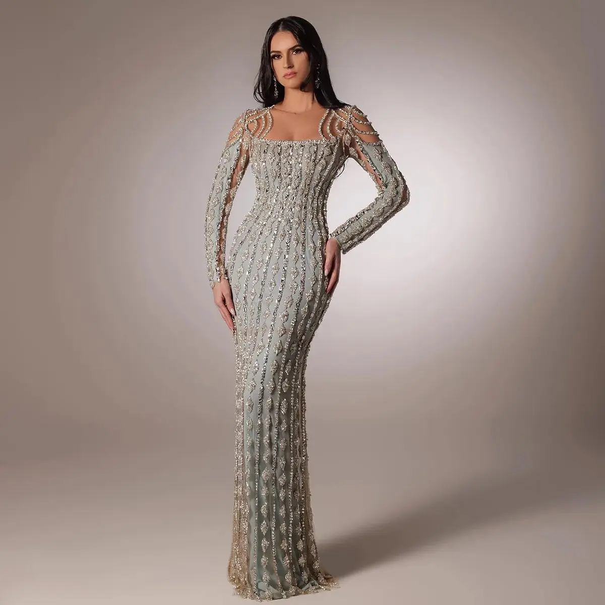 

Square Neck Long Sleeves Crystal Beading Sequined Jersey Sheath Floor Length Backless Exquisite Evening Dress Woman Custom Size