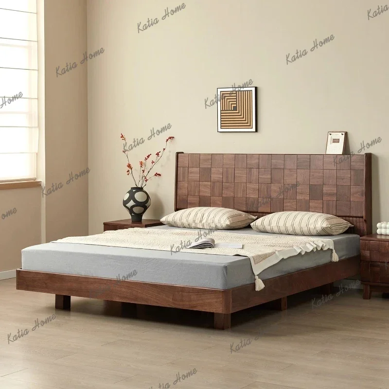 LJY Black Walnut Solid Wood Bed Nordic Minimalist Cube Grid Shape Piano Key Design Mortise and Tenon Bed Frame Bed Leg Adduction