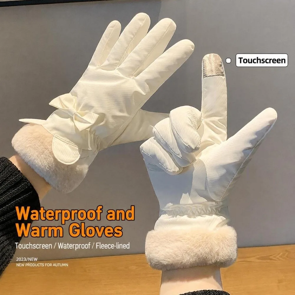 Durable Polyester Fleece Lined Winter Thermal Gloves Waterproof Warm Touch Screen Gloves Bow Decor Cold Weather Gloves For Women