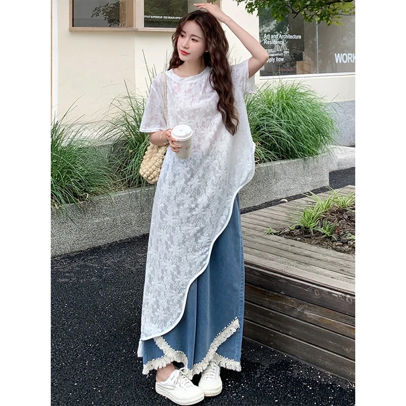 Summer 2025 Embroidered Long Uneven Top And Jeans Two-Piece Set Faionable Casual Wear for Young Women 8-25 Years Old